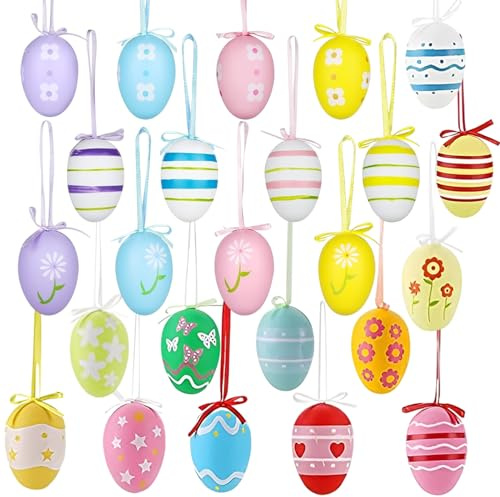 24 Pezzi Uova di Pasqua da Appendere, Uova di Pasqua Decorative Kit Uova di Pasqua Colorate per Decorazioni Pasquali Albero di Pasqua