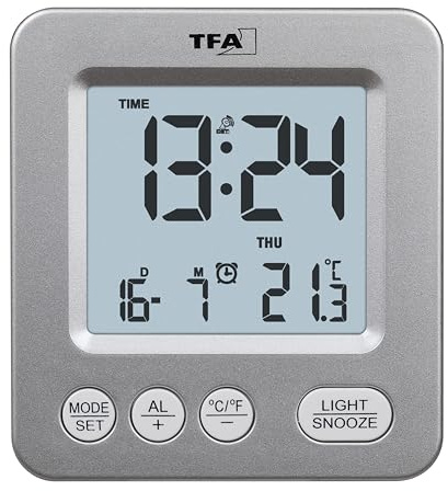 TFA Dostmann Digitaler Funk Reisewecker, 60.2567.54, Innenthermometer, Kalenderanzeige (Datum+Wochentag), Schlummerfunktion, Funkuhr, Silber
