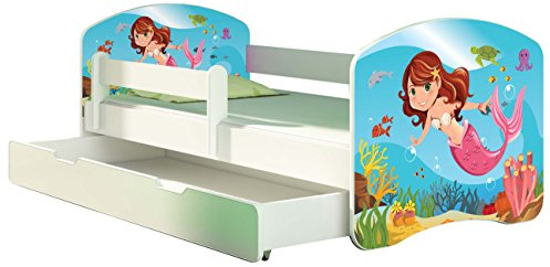 ACMA Kinderbett 160x80 Jugendbett mit Einer Schublade und Matratze, Rausfallschutz, Lattenrost Weiß, stabil, Kinderzimmer Bett, Jugendmöbel Design 09 Meerjungfrau