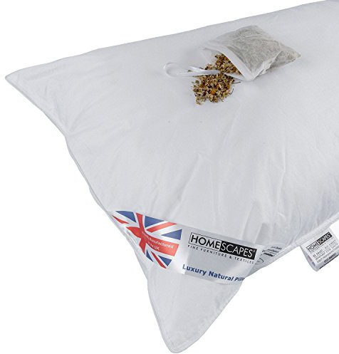 HOMESCAPES Goose Feather and Down Camomile Pillow Infused with Dried Chamomile Calming & Relaxing Natural Aromatherapy Scented Pillow to Ease Insomnia Single Pillow Extra Fill RDS Certified.