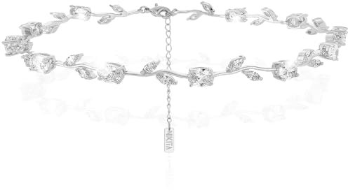 Nikita By Niki Rose Flower Rhinestone Statement Crystal Choker -Silver or Gold Choker Necklaces for Women - Rose Gold Plated Necklace - Choker Chain (Silver)