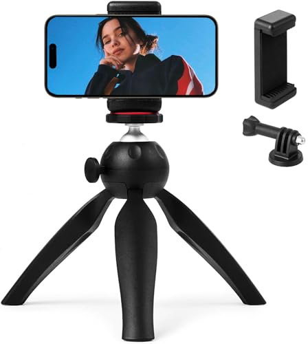 Polarduck Mini Phone Tripod Small Tabletop Travel Tripod for Cellphone with Phone Stand Holder, Gopro Mount & 360° Rotating Ballhead, Selfie Stick Compatible with Smartphone, Gopro and Projector