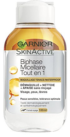 Garnier - SkinActive - Solution Micellaire Biphase Tout en Un - Tous Types de Peaux Même Sensibles - Format Voyage - 100 ml