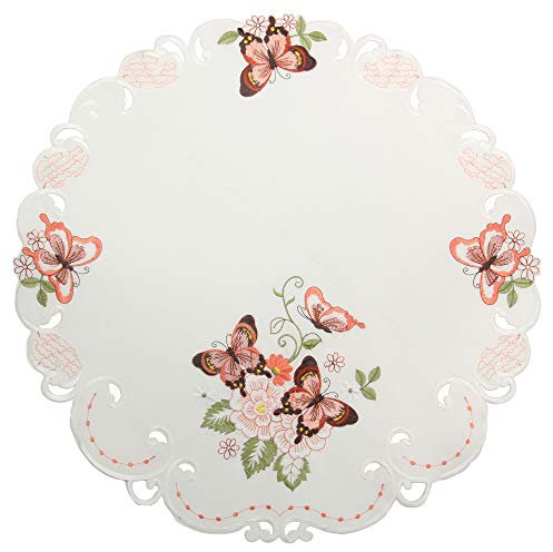 Quinnyshop Rosa Schmetterlinge Stickerei Frühling Tischdecke Mitteldecke ca. 60 cm Rund Polyester, Weiß