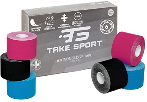 TAKE SPORT, Kinesio, Kinesio tape, Nastro kinesiologico, Tape kinesiologico, Kinesio taping. 6-12 rotoli, 5 x 5m, 95% Cotone 5% Spandex, elastico. (6 Mix)