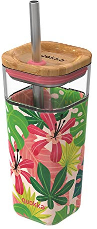 Quokka GOBELET en Verre avec Paille ET Couvercle en Silicone Rose Jungle 540 ML