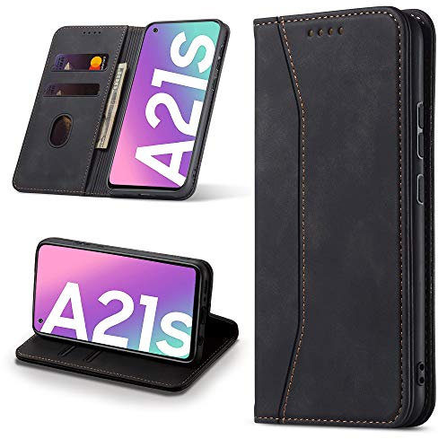Leaisan Handyhülle für Samsung Galaxy A21S Hülle Premium Leder Flip Klappbare Stoßfeste Magnetische [Standfunktion] [Kartenfächern] Schutzhülle für Samsung Galaxy A21S Tasche - Schwarz