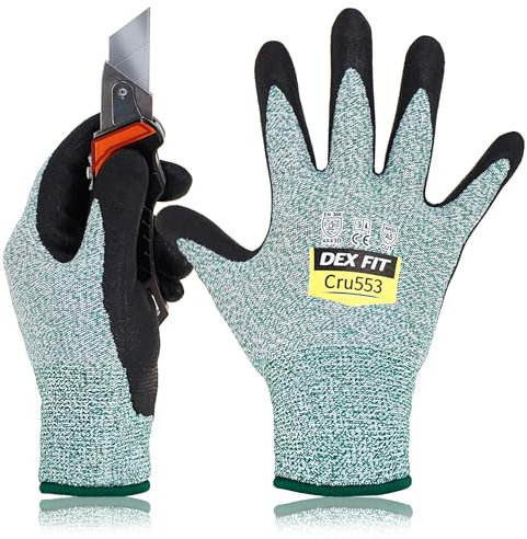DEX FIT Level 5 Schnittschutzhandschuhe Cru553; 3D-Komfort-Passform, Fester Griff, Dünn und Leicht, Touchscreen-Kompatibel, Langlebig, Atmungsaktiv und Kühl, Waschbar; Grün M (8) 3 Paare