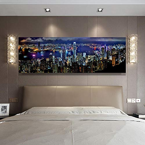 OCEANGOD Landschaft Poster und Drucke Wandkunst Leinwand Hong Kong City Nachtszene Dekorative Bilder für Schlafzimmer Dekor 50x150cm Rahmenlos