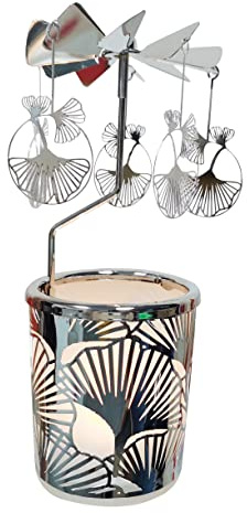 Kingnero Aprikosenblatt Kerze Windlicht Karussell, Glas teelichthalter karussell ，Drehbar Kerzenhalter windmühle Kerze für Weihnachten Geschenke für Kinder,Geburtstag, Hochzeit (Silber)