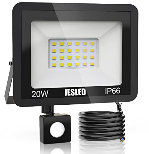 JESLED Projecteur LED avec détecteur de mouvement, 20W 2200LM Projecteur super lumineux extérieur, 6000K blanc froid Projecteur extérieur, IP66 étanche Projecteur pour jardin, cours, garage, maison