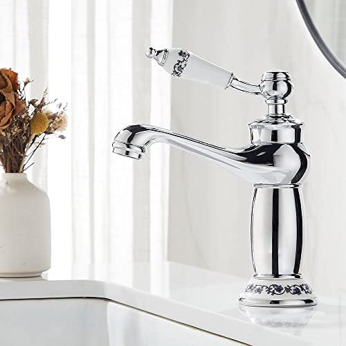 Maynosi Rubinetto miscelatore retrò per lavabo, Rubinetti vittoriani di lusso con maniglia in ceramica floreale, Rubinetto vintage monocomando per lavabo, Include code flessibili, In ottone, Cromo