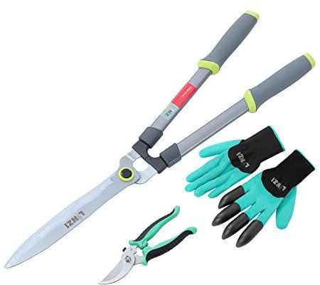 LINZI Garden Shears Set 3PCs, 640mm 25 Inch Hedge Shears Extra Long Blade + 190mm Bypass Pruning Shears Secateurs + Garden Gloves, Gardening Care Kit 651224