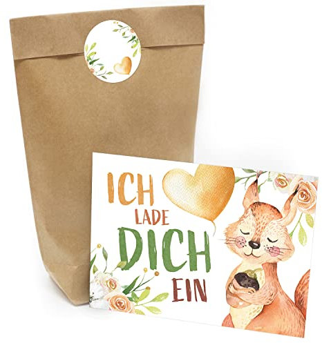 Kindergeburtstag Einladung Set mit je 8 Einladungskarten, Umschlägen, Tüten und Aufkleber - Eichhörnchen mit Herz