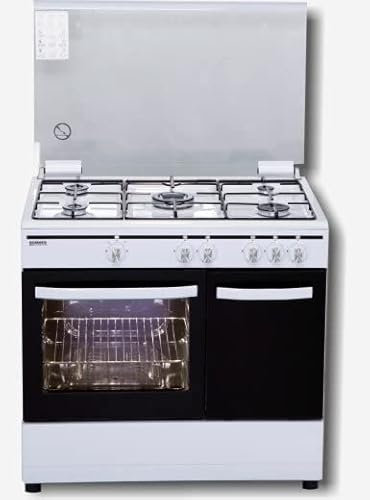 COCINA ROMMER 5 FUEGOS BLANCA HORNO GAS + PORTABOMBONAS. TAPA CRISTAL ENCIMERA ACERO