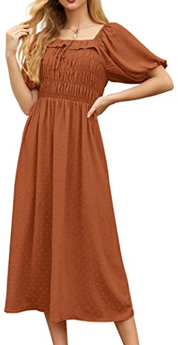 GRECERELLE Womens Summer Casual Midi Maxi Dress Square Neck Half Sleeve Ruffled Backless Smocked Elastic Waist Swiss Dot Cocktail Long Dresses for Ladies (Orange, XL)