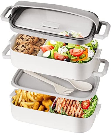 Bento Box Lunch Box for Adult, Stackable Bentobox with 2 Compartment, Include Utensil Set, Leak-Proof Container, Lunch Box Safe for Microwave and Dishwasher, BPA-Free Bento Box 1600ML White