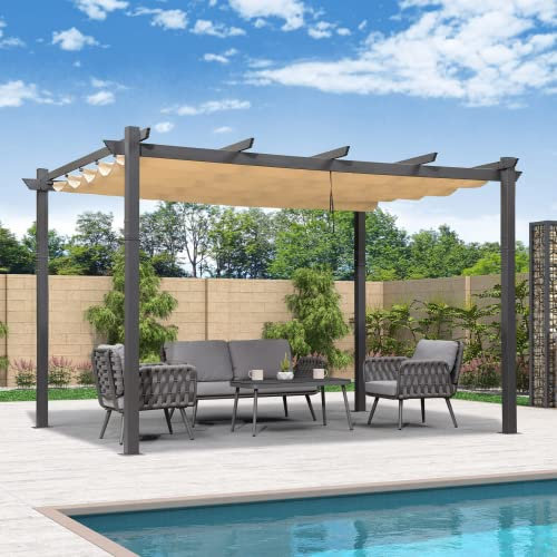 PURPLE LEAF Pergola Aluminium 4 x 3,2 m Tissu Teint en Fil, Pergolas pour Terrasse Extérieur, Pergola Jardin Extérieur Toit Coulissante, Pavillon de Jardin, Kaki