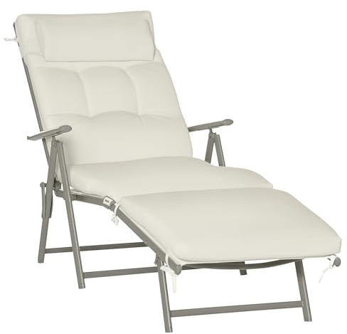 Outsunny Sun Lounger Steel Frame Outdoor Folding Recliner Cream White