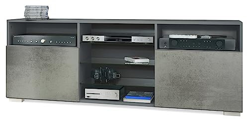 Vladon TV-Board Granada, Lowboard mit 2 Türen und 6 offenen Fächern, Korpus Anthrazit matt, Fronten in Beton dunkel Optik (146 x 54 x 35 cm)