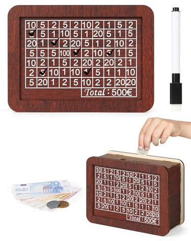Bohoray Spardose aus Holz, €500 Sparbox Retro Sparbüchse Aufbewahrungsbox, Wiederverwendbare Spardose mit Sparziel und Zahlen zum ankreuzen für Kinder und Erwachsene