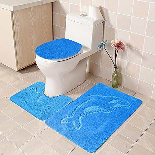 Dantazz Badematten Set 3 Teilig - Badteppiche, WC Toilettensitz, Dreiteiliges Garnitur Teppich, Weich Badezimmerteppich Rutschfeste Waschbar Badvorleger Set (Blau, OneSize)