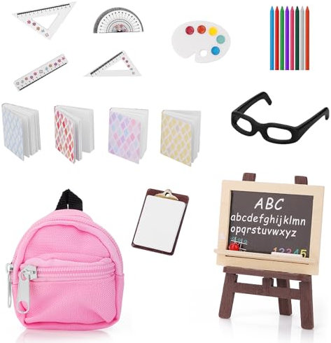 Andibro 22 Stück Miniatur Puppe Schule Set, 1:12 Puppenhaus Mini Schule Zubehör Home Miniatur Modell DIY Dekor Puppe Buch Rucksack Blackboard Clipboard Lineale Buntstifte Playset Puppenhaus Zubehör
