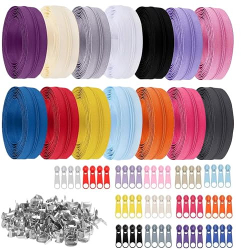 Gohytal Reißverschlüsse Set, 14 Farben 3mm Endlosreißverschluss Set mit Schieber und Reißverschluss, 39,2m Nylon Reißverschluss Endlos Reißverschluss Teilbar für Nähen und Basteln Kleidung Bettwäsche