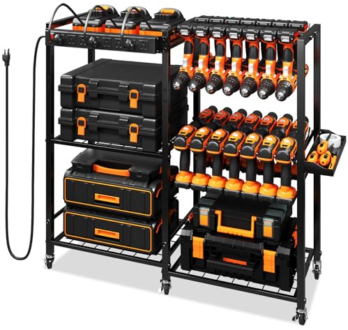 TC-HOMENY Organiseur d'Outillage Électrique, Rangement avec Bande d'Alimentation de Charge, 28 Supports à Outils Roulants sur Roulettes, Étagère à Outils, Garage, Atelier, Cadeaux pour Hommes et Papas