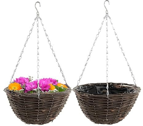 ADEPTNA Set of 2 Round Garden Hanging Baskets with Lined - Natural Basket Hanging Plants Wall Flower Planter Pot with Detachable Hanging Chain for Home Garden Decoration (12’’ RATTAN BASKETS)