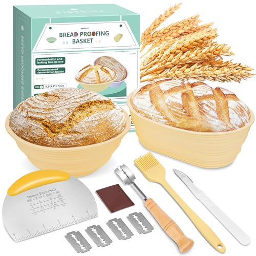 Luxital 2 Pcs Silicone Banneton Bread Proofing Baskets, Sourdough Bread Baking Supplies, Round+Oval Foldable Baking Basket, Complete Set for Bread Making with Essential Tools and Gifts