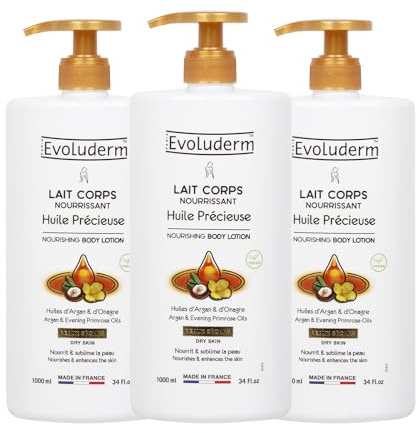 EVOLUDERM - Lait Corps Ultra-Nourrissant Huile Précieuse - 1000 ml - Ingrédients d'Origine Naturelle - Végan - Fabrication Française - Lot de 3 x 1000 ml