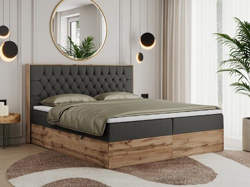 MKS MEBLE Boxspringbett Amore 200x200 cm, Bett mit Bettkasten, Wotan Eiche Holzrahmen, Multipocket Matratze H3, Topper T25, mit gepolstertes Kopfteil – Dunkelgrau Kunstleder