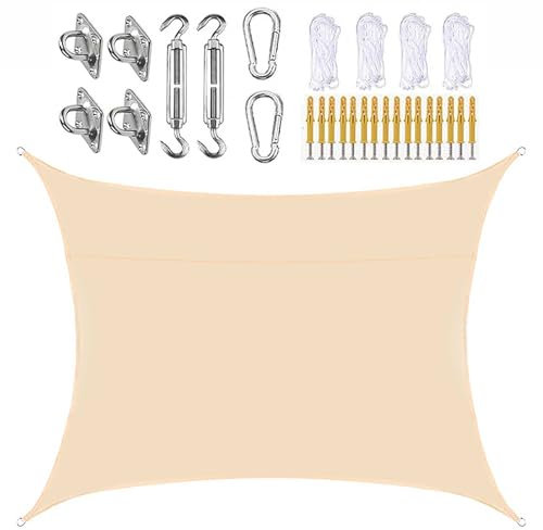 SLDAGe Vela Ombreggiante Impermeabile 5x6, Rettangolare Tenda a Vela Parasole con Kit di Fissaggio, Protección Rayos UV per Esterno, Giardino, Terrazza,Beige,6x8m