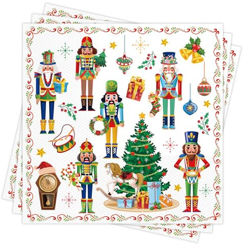 DPKOW 40 Stück Nussknacker Servietten Weihnachten Weihnachtsservietten Papierservietten 33x33cm Einweg-Cocktailservietten aus Papier für Urlaub, Abendessen, Weihnachtsfeiern, Weihnachtsdeko Tisch