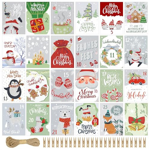 Diamond Painting Calendrier de l'Avent A6, 24 cartes de Noël, peinture diamant, dictons, cartes postales de Noël avec pinces en bois et ficelle de jute de 10 m, kit de bricolage