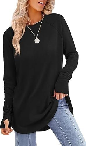 Womens Tunic Tops for Leggings Stylish & Comfy Tunic Tops for Women UK,Loose Fit Long Sleeve Jumpers,Sweatshirts with Thumbholes (UK, Alpha, XXL, 3XL, Regular, Regular, Muiticolor-Black)