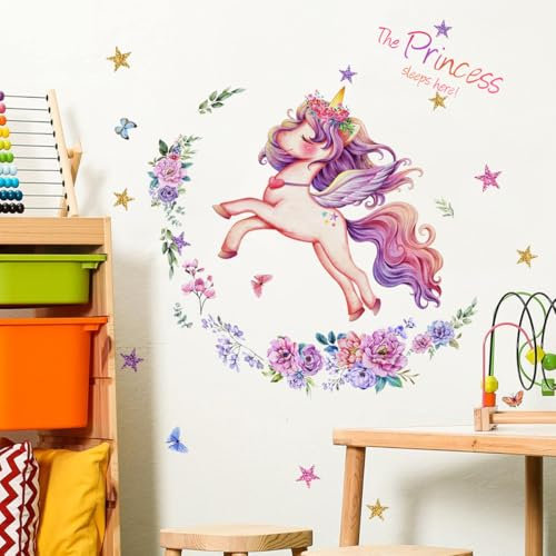 WandSticker4U®- Wandtattoo EINHORN Mädchen The Princess sleeps here (72x59 cm) I Wandsticker Kinderzimmer Mädchen Einhorn Blumen Fee Prinzessin Sterne I Wandaufkleber Kinderzimmer Deko