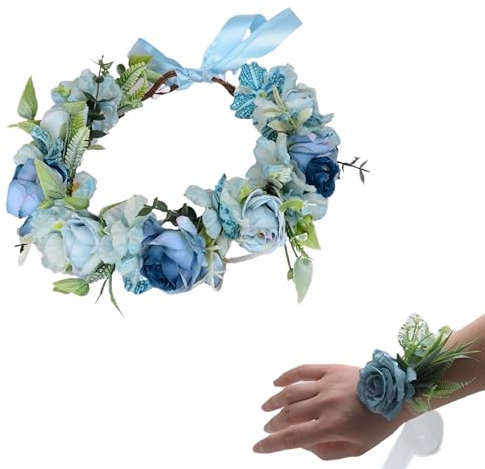 Nlqhyrexion Blumenkranz Haare Blau, Blumen Haarreif Damen, Blumenkranz Kopfschmuck und Künstliche Handgelenkblume Armband, Blume Krone Stirnband für Hochzeit/Foto/Frühling und Sommer