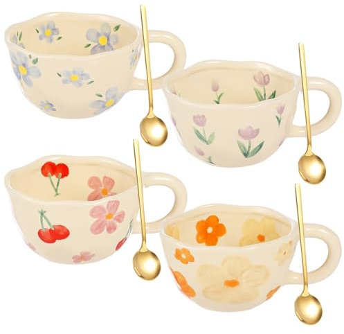 4 Pcs Ceramic Coffee Mugs, Cute Flower Mugs with Spoons, 8.5oz Irregular Porcelain Tea Cups, Aesthetic Floral Mugs with Handles, Creative Ceramic Milk Cups for Home, Office
