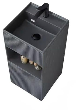 CAFIEDR Lavabo sur Pied, lavabo sur Pied en Pierre de Quartz, lavabo à Colonne carré avec Rangement, lavabo sur Pied combiné avec Robinet, Drain(Noir)