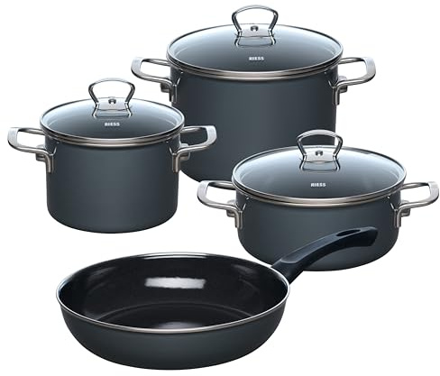 Riess, 0519-003, Starterset 4-teilig, Dark Grey, Blau, Emaille, Made in Österreich, LBH: 28,5x48,5x24,0cm, 7,570kg, Induktionskocher kompatibel, Gasherd geeignet, Elektroherd geeignet, Ofenfest