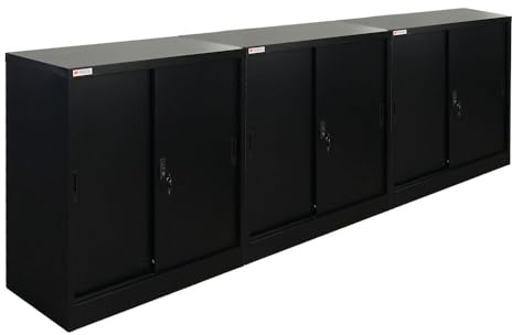 PROREGAL Mega Deal 3X Aktenschrank Elephant mit abschließbaren Schiebetüren | HxBxT 90x90x40cm | 2 Fachböden | Schwarz | Metallschrank abschließbar Lagerschrank Ordnerschrank Büroschrank