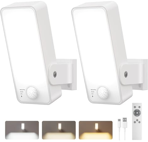 Außenlampe mit Bewegungsmelder, 12000mAh Akku Aussenlampe mit Bewegungsmelder, Fernbedienung, 3 Modi, 3 Lichtfarben, IP65 Wasserdichte Außenleuchte für Veranda Garage Terrasse Hof Haustüren 2 Stück