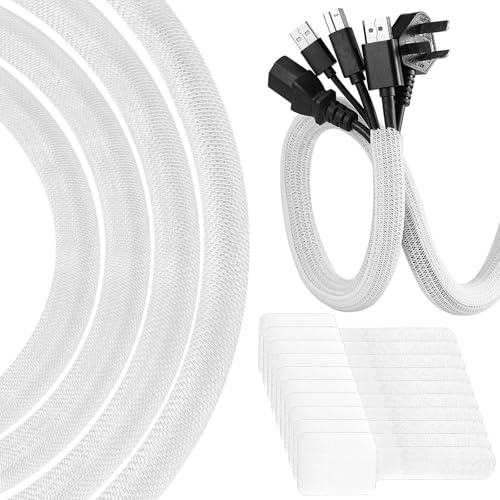 3 Mètres Manchon de Cache Câble, 10mm Gaines de Câbles, Empêche Les Animaux Domestiques de Mâcher Les Câbles, Textile Flexible Goulotte de Câble à Fermeture Automatique pour Bureau, Blanc