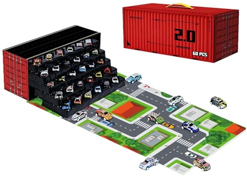 48 Mini Voitures À Tirer avec Garage Intégré – 48/60 Pièces Mini Voitures À Tirer + Garage À Plusieurs Niveaux, Ensemble De VoituresDe Course en a-lliage, Collection De V-oitures De Course