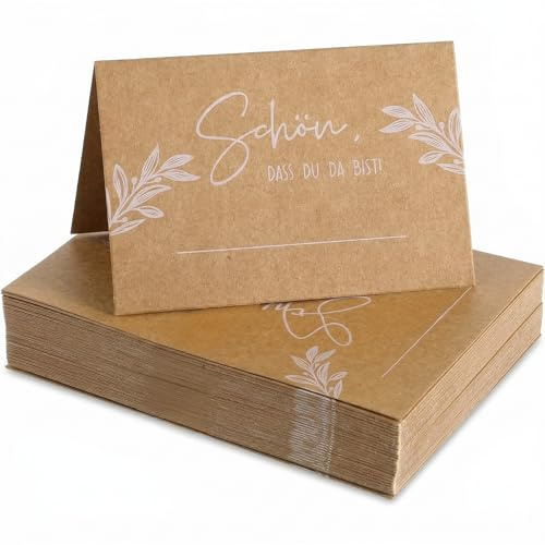 100 Stück Tischkarten Kraftpapier, Schön Dass Du Da Bist Tischkärtchen Platzkarten Namenskarten für Geburtstag Hochzeit Konfirmation Kommunion Taufe
