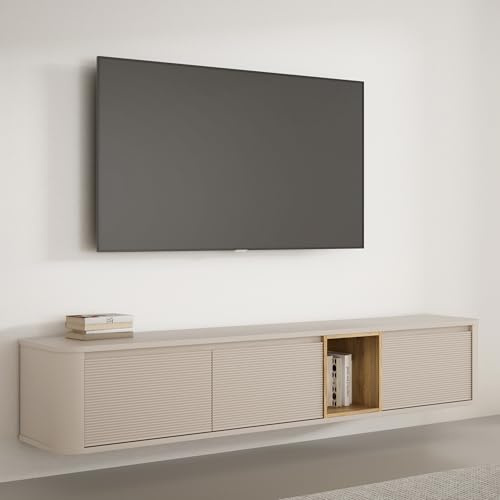 Forte BREATHTAKER TV-Schrank 220, modern minimalistisch, 3-türig, beleuchtetes Fach, Reliefstruktur, Holzwerkstoff, Beige/Mauvella Eiche Holzdekor, 215 cm breit x 41,5 cm hoch x 41,3 cm tief