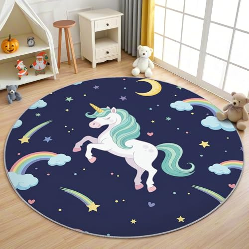 AevuCub Einhorn Kinder Teppich Rund 160 Kurzflor - Waschbare Teppiche Wohnzimmer Mädchen Regenbogen Sternenhimmel - Runder Teppich 160 Durchmesser - Bettvorleger Schlafzimmer rutschfest Weich