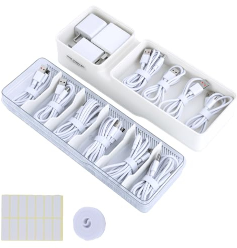 OTraki Cable Storage Box Double-Layer Cable Management Box with 5 Adjustable Compartments and 1.5m Cable Ties, Large Plastic Cord Organiser Boxes for Wire Charger Home Office Storage (White)